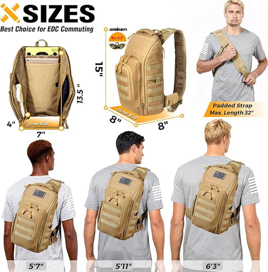 DBTAC Tactical Personal Defense EDC Bags & Packs | 10L Military Shoulder Backpack with Sling for Concealed Carry, Range, Travel, Hiking, Outdoor Sports (Brown)