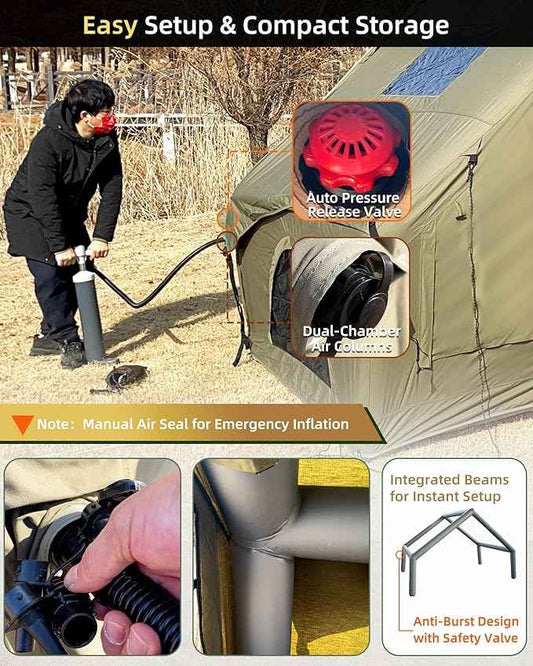 Cotton Inflatable Camping Tent, 2-4 Person, Windproof Glamping Design with Skylight, Instant Setup (2~4person(10.2'L X 8'W X 7'H)-Green)