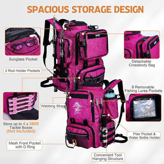 Goture Fishing Backpack, 900D Water-Resistant Tackle Backpack with Rod Holders, 58L Large Storage Gear Fishing Tackle Bag with Detachable Crossbody Bag,8 Lure Pockets,Bottle Holder for Camping Hiking