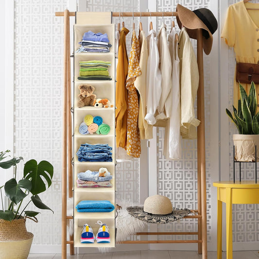 2 Pack Large-Sized Hanging Shoe Organizer 8-Shelf, Hanging Closet Organizer with 8 Side Pockets, Wider Hanging Shelves for Storage Shoes Clothes 9" W Ă 11.8" DĂ 48" H, Beige.