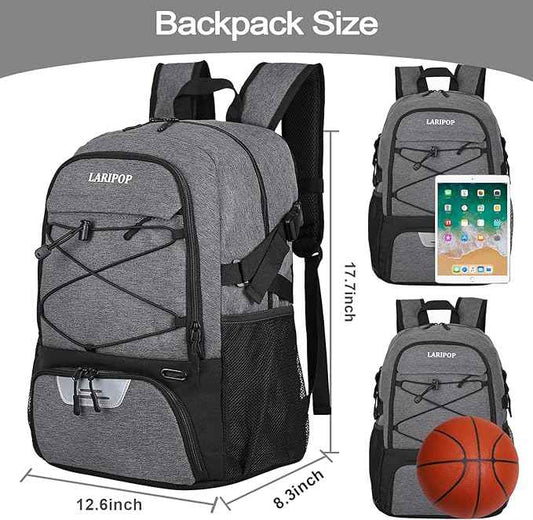 LARIPOP Basketball Bag, Sports Backpack with Ball Holder & Shoe Compartment, Water Resistant Gym Bag for Soccer Volleyball Travel