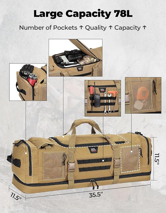 KEMIMOTO Hunting Duffle Bag, 78L large Capacity Travel Gear Bags Tool Range Cases for Long Distance Trips Hiking Hunting Fishing Camping, Multi Pocket Design, Brown Backpackable