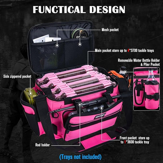 Goture Fishing Tackle Bag with 4pcs 3600 Tackle Boxes, 600D Water-Resistant Soft Side Saltwater Gear Storage Fishing Bag with Rod Straps, Detachable Water Bottle Pouch, Waterproof Bottom, SBS Zippers