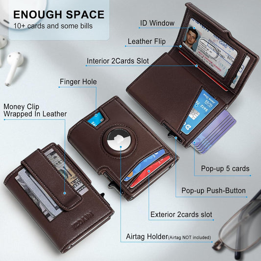 Airtag Wallet for Men,with Money Clip 10 Cards Metal Case Smart Slim Pop Up Credit Card Holder Flip with Magnetic Closure RFID Blocking wallet with Gift Box