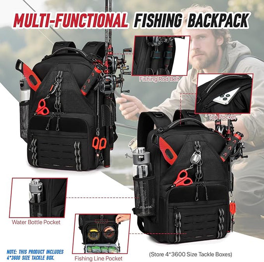 Fishing Tackle Backpack,Tackle Bags with 2 Rod Holders,Water-Resistant Tackle Bag Storage Bag for Fishing Gear(Black,4 Tackle Boxes)