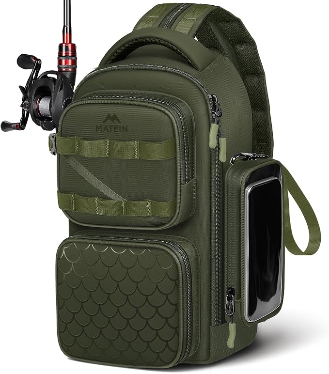 MATEIN Fishing Sling Bag with Lure Rod Holder & Phone Pouch, Waterproof 3600 Tackle box Backpack with Removable Bait Binder