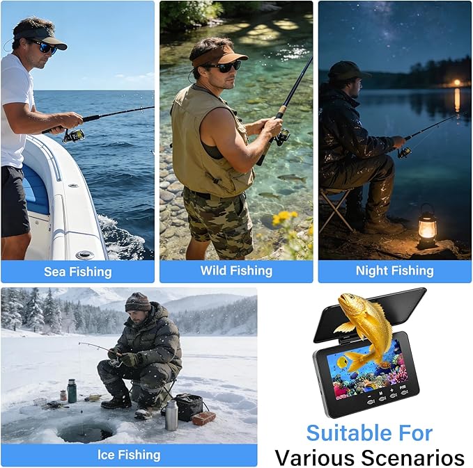 Fish Finder Depth Finder, 4.3 Inch Underwater Fishing Camera Portable Fishfinder with 480 * 272 HD Display, 100FT/Waterproof IP68, for Kayak/Boat/Ice Fishing, Includes Transducer & Mounting Kit