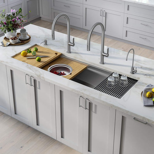 KRAUS Kore 57-inch Undermount Workstation 16 Gauge Single Bowl Stainless Steel Kitchen Sink with 10 Accessories, KWU210-57