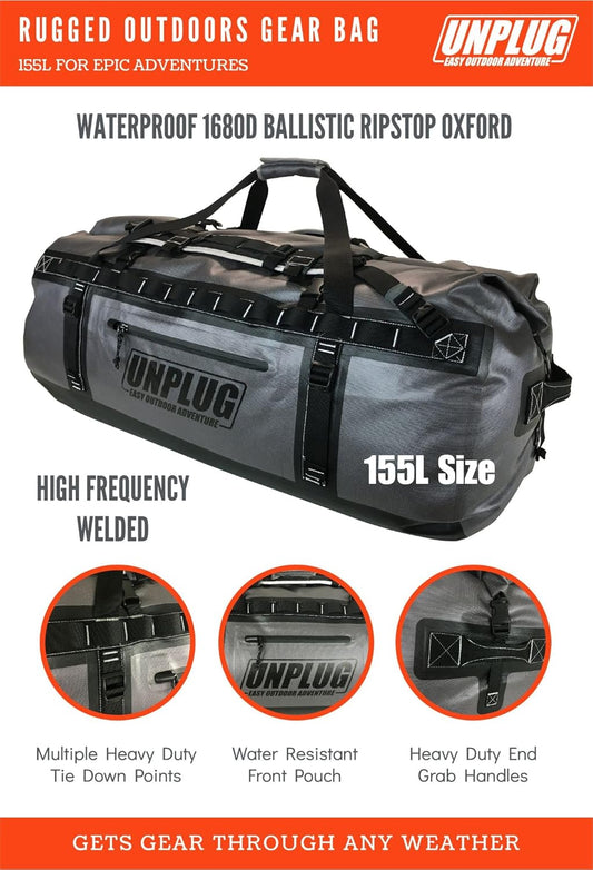 UNPLUG Waterproof Bags for Travel -1680D Heavy Duty Waterproof Duffel Bag for Camping, Motorcycle Dry Bag, Hunting Bag, Bug Out Bag, Waterproof Bags for Boating. Tactical Duffle Bag (155L Storm Grey) - Roamly