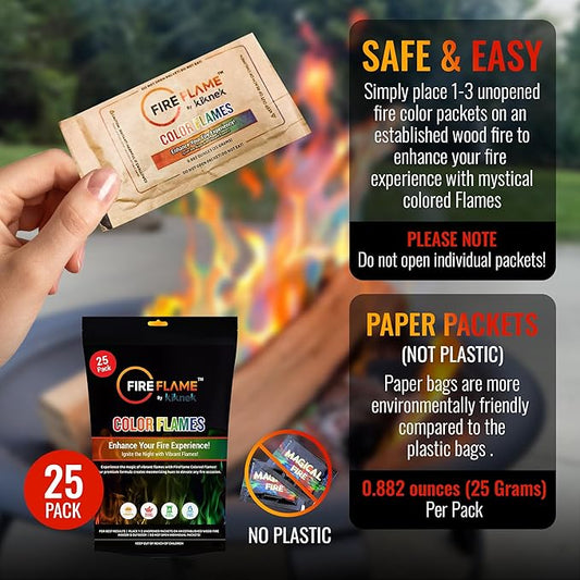 Fireflame Fire Color Changing Packets - Colorful Fire Flames Packets - 25 Pack - for Outdoor Pit, Fireplace, Bonfire, Campfire, Camping Accessories for Kids & Adults