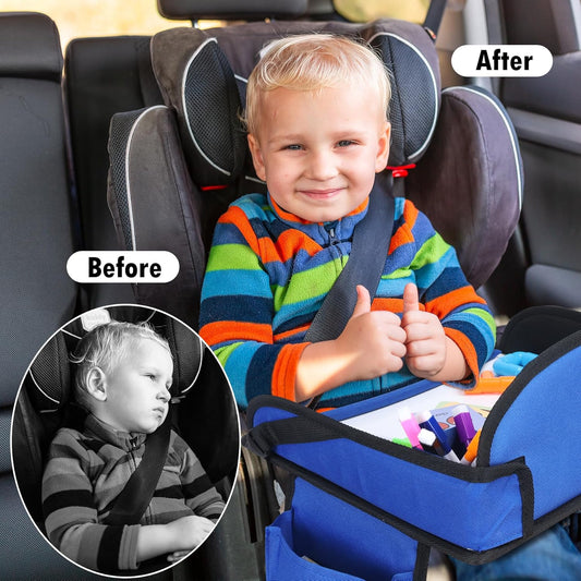 Kids Travel Tray, Travel Tray For Kids Car Seat, Toddler Road Trip Essentials With Drawing Kit, Carseat Tray For Kids Travel, Travel Activities Road Trip Must Haves For Kids (Navy Blue)