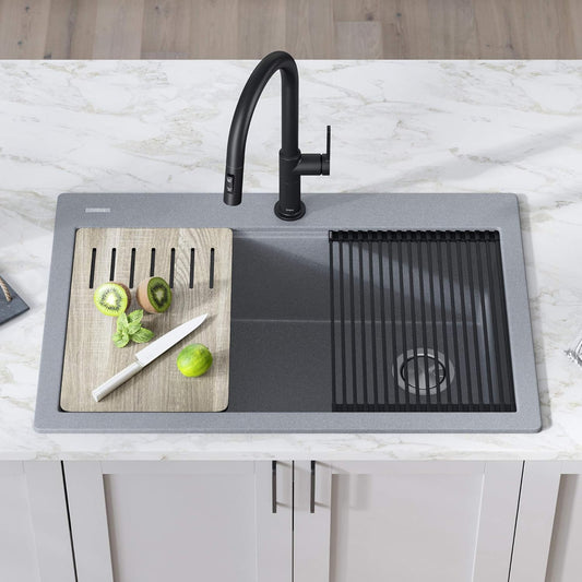 KRAUS Bellucci Workstation 33 in. Drop In Single Bowl Granite Kitchen Sink in Metallic Gray with Accessories, KGTW2-33MGR