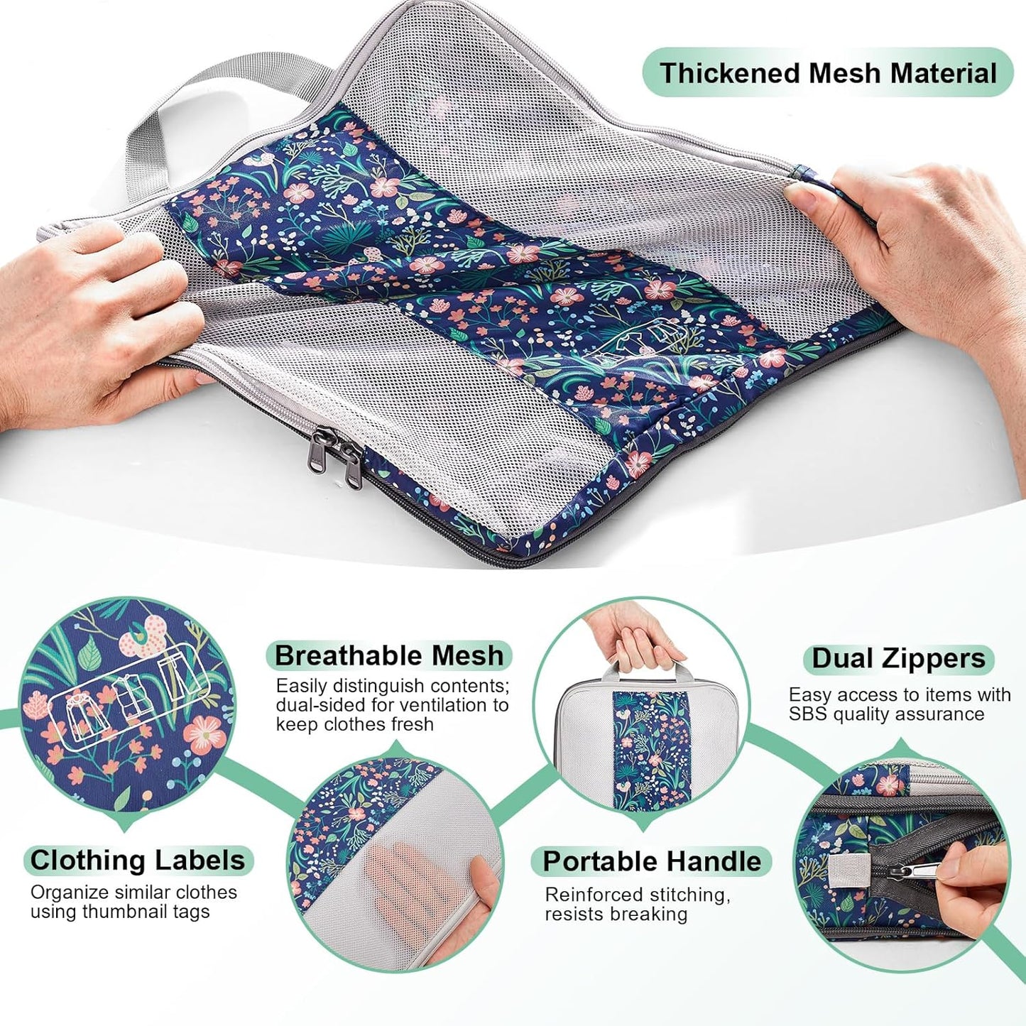 10 Set Compression Packing Cubes for Travel Essentials,Compressible Expandable Packing Cubes for Suitcase,OlarHike Luggage Organizer Bags,Handy Helper for Organizing Clothes(Dark Blue Floral) - Roamly