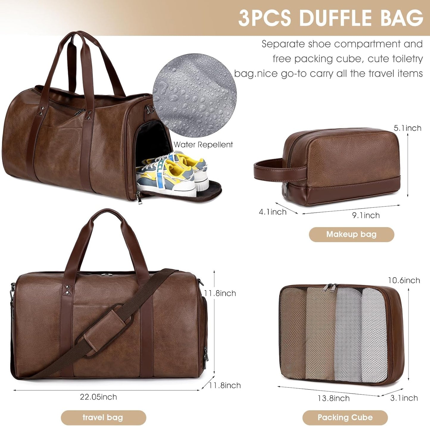 Wogarl 3PCS Faux Leather Weekender Bag for Women Men Large Overnight Travel Duffel Bags with Shoe Compartment Toiletry Packing Cube Carry On Duffle Fit 21" Laptop(Coffee)