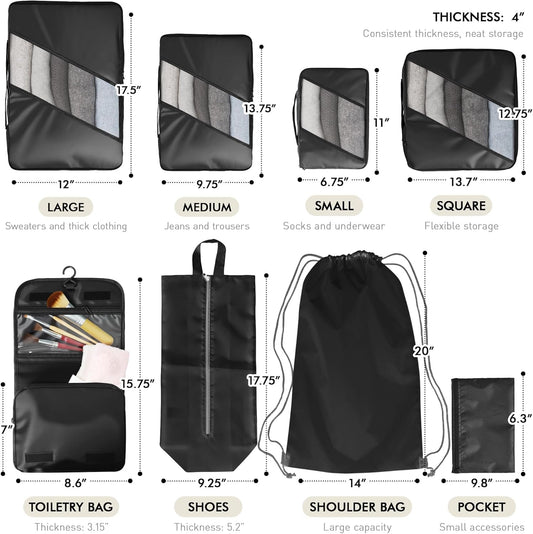 WVM Packing Cubes for Travel, 8 Set Luggage Organizer Bags with Shoe Bag, Toiletry Bag & Laundry Bag, Travel Accessories Essentials Packing Organizer, Black - Roamly