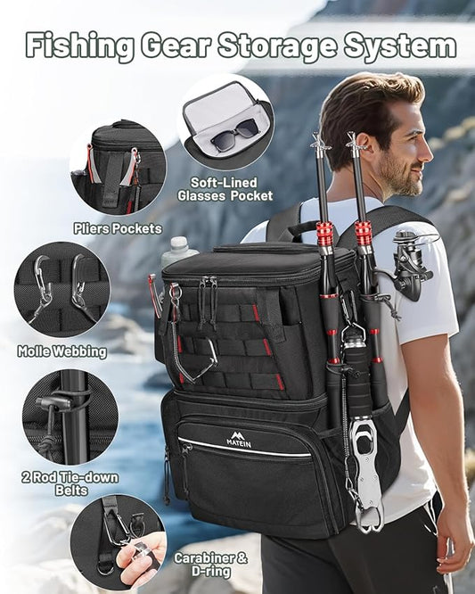 MATEIN Fishing Backpack with 4 Tackle Boxes, Fishing Bag with Rod Holder & Safety Compass & Cooler, Gifts for Fishermen