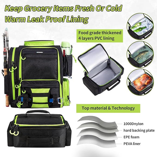 BLISSWILL Large Fishing Backpack with Cooler for 3 Tackle Boxes - Fishing Bag with Rod Holders for Camping and Hiking