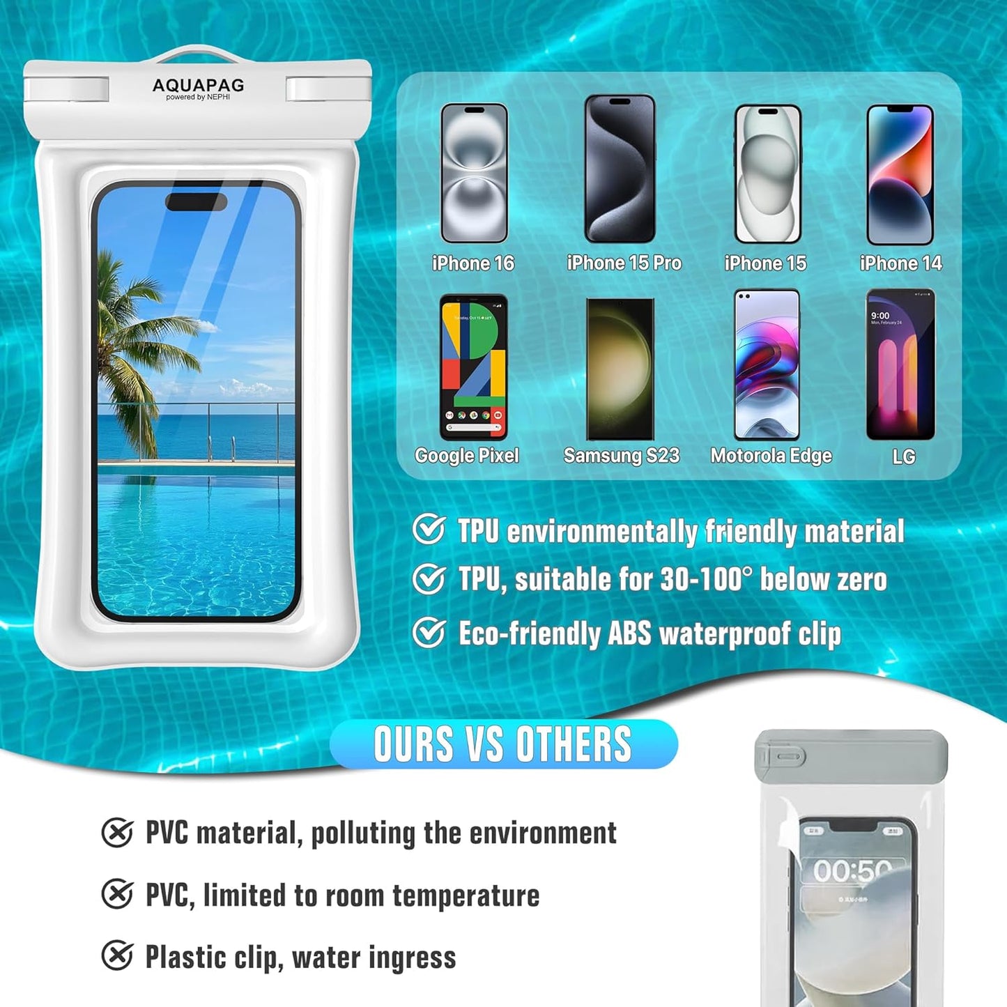 NEPHI IPX8 Floating Waterproof Phone Pouch 2 Pack-Up to 8.0",Floating Phone Case for iPhone Andriod, Dry Bags for Vacation Beach Pool Kayak Cruise Travel Essentials (Black White 2 Pack)