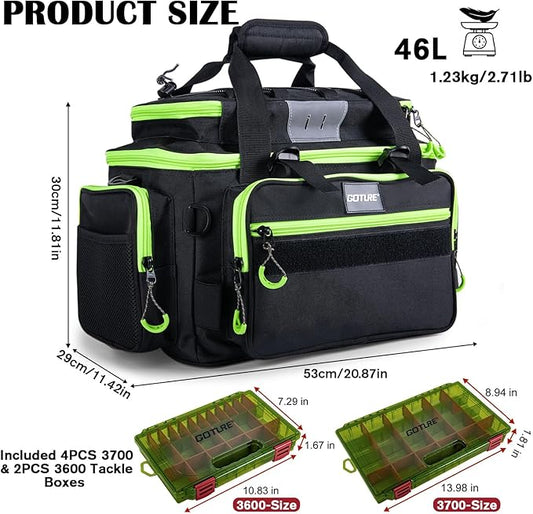 Goture Fishing Tackle Bag with 4pcs 3700 & 2pcs 3600 Tackle Boxes, 600D Water-Resistant Soft Side Saltwater Gear Storage Fishing Bag with Rod Straps, Detachable Water Bottle Pouch, Waterproof Bottom