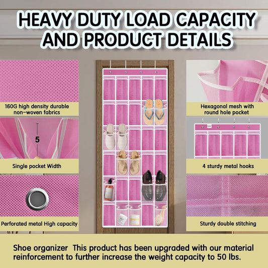 Over the Door Shoe Organizer with 30 Breathable Mesh Pockets - Large Capacity Closet Storage for Men & Women, Hanging Shoe Rack Organizer -Pink