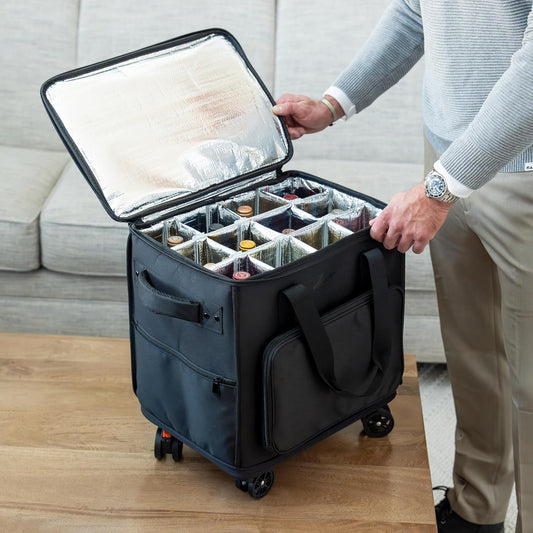 3-in-1 Wine Tote - Rolling Suitcase and Insulated Cooler Bag with Removable Dividers for 12 Bottles