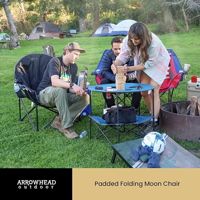 ARROWHEAD OUTDOOR 2-Pack Oversized Heavy-Duty Club Folding Camping Chair w/Pocket, Cup Holder, Portable, Padded, Moon, Round, Saucer, Supports 330lbs