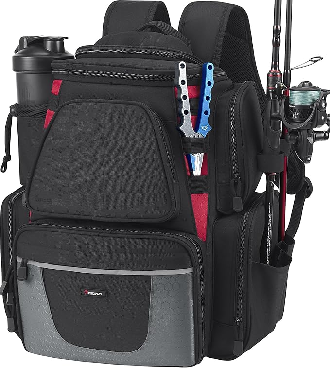 Piscifun Fishing Backpack with 2 Rod Holders & 4 Tackle Boxes, Large Tackle Storage Bag With Rain Cover for Fishing Gear