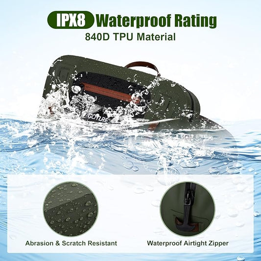 Goture Waterproof Fishing Waist Pack,IPX8 840D TPU Large Tackle Bags with Rod Holder,Airtight Zipper,Detachable Water Bottle Holder, 10L Fly Fishing Bag with Adjustable Strap, Wader Bag Included