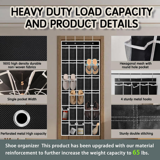 Over the Door Shoe Organizer with 30 Breathable Mesh Pockets - Large Capacity Closet Storage for Men & Women, Hanging Shoe Rack Organizer -Black