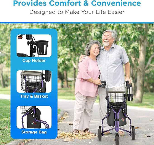 NOVA Traveler Folding 3-Wheel Walker with Tray, Basket, Pouch & Cup Holder, Lightweight Mobility Aid for Seniors & Adults, 8” All-Terrain Wheels for Tight Spaces & Travel, Purple