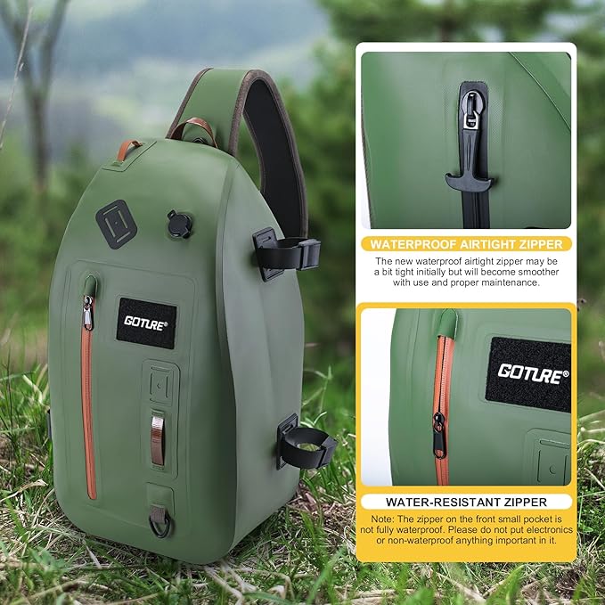 Goture Waterproof Fly Fishing Sling Pack, IPX8 840D TPU Fishing Sling Bag, 13L Tackle Backpack with Rod Holder,Airtight Zipper,Exhaust Valve,Adjustable Strap for Kayaking,Wadering,Hiking