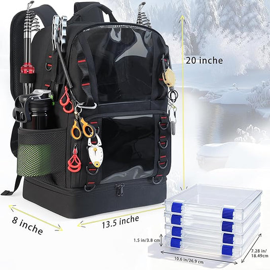 Fishing Tackle Backpack with 4 Tackle Boxes,45L Large Tackle Bag with 2 Rod Holders & Clear Window,Outdoor Fishing Backpack for Camping,Hiking,Black
