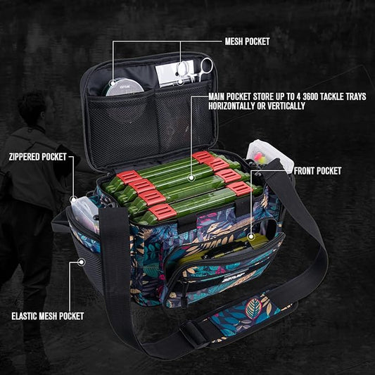 Goture Fishing Tackle Bag with 4 Tackle Boxes, Soft Side 600D Water-Resistant Cross Body Sling Fishing Bag, Small Saltwater Gear Storage Tactical Bags, Gifts for Men/Women (15.75"x9.45"x8.27")