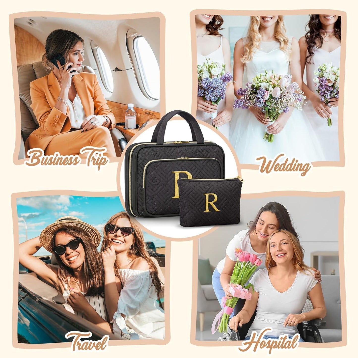 Personalized Gifts for Women, Initial Toiletry Bag Hanging Travel Organizer & Makeup Cosmetic Bag with Embroidery Letter Teacher Appreciation Gift Birthday Mothers Day Gifts for Mom Wife Friend Sister - Roamly