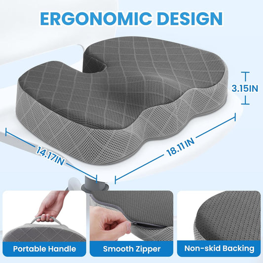 TushGuard Office/Car Seat Cushion, Non-Slip Sciatica & Back Coccyx Tailbone Pain Relief Chair Pad, Memory Foam Butt Pillow for Computer Desk, Wheelchair, Driving (Black&Grey)