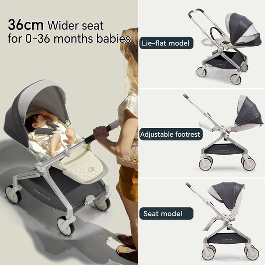 Hot Mom Baby Lightweight Stroller, Intelligent Seat Reversing,Double Brake and PU Anti-Shock Tire Combine Baby Pushchair, Newborn to Toddler's Baby Stroller, Grey