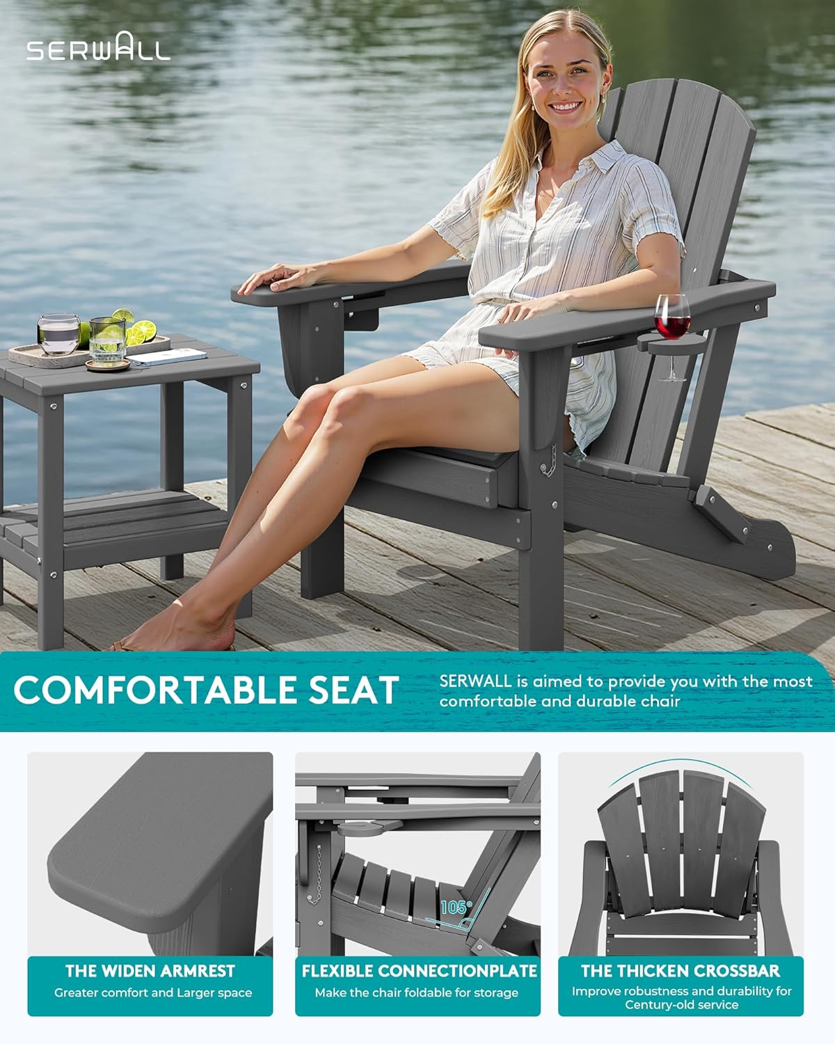 SERWALL Folding Adirondack Chair, Dual Cup Holders & All-Weather HDPE, Wood-Like Patio Chair for Backyard, Camping,Pool & Fire Pit- Grey