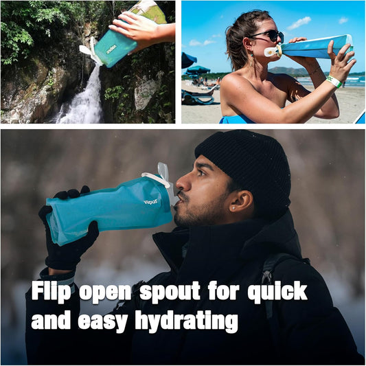Vapur Collapsible Water Bottle With Carabiner, Compact Bottle Folds Flat For Hydration On The Go, Ideal for Traveling, Hiking or Camping, 16 Ounce, Malibu, Pack of 1