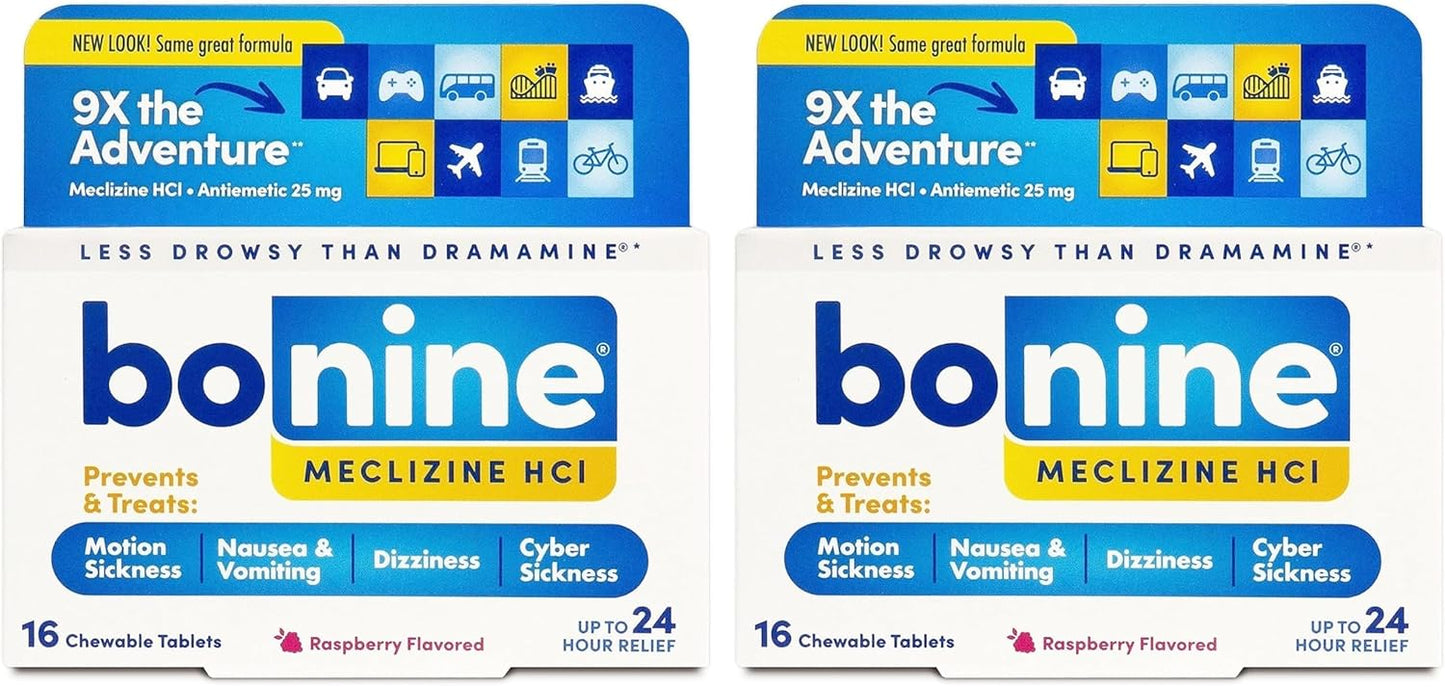 Bonine Non-Drowsy for Motion Sickness Relief, Sea Sickness, Car Sickness, Nausea and Vomiting, with Meclizine Hcl 25mg, Raspberry, Travel-Sized 16ct (Packaging May Vary) (Pack of 2)