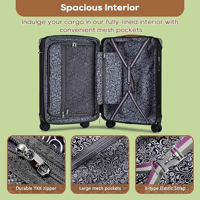 Joyway 20in Carry On Luggage with Cup Holder and USB Port, 25% Expandable Capacity, Smart Suitcase with Anti Slip Wheels and Handbag, Perfect for Men and Women 3 Piece Set Black