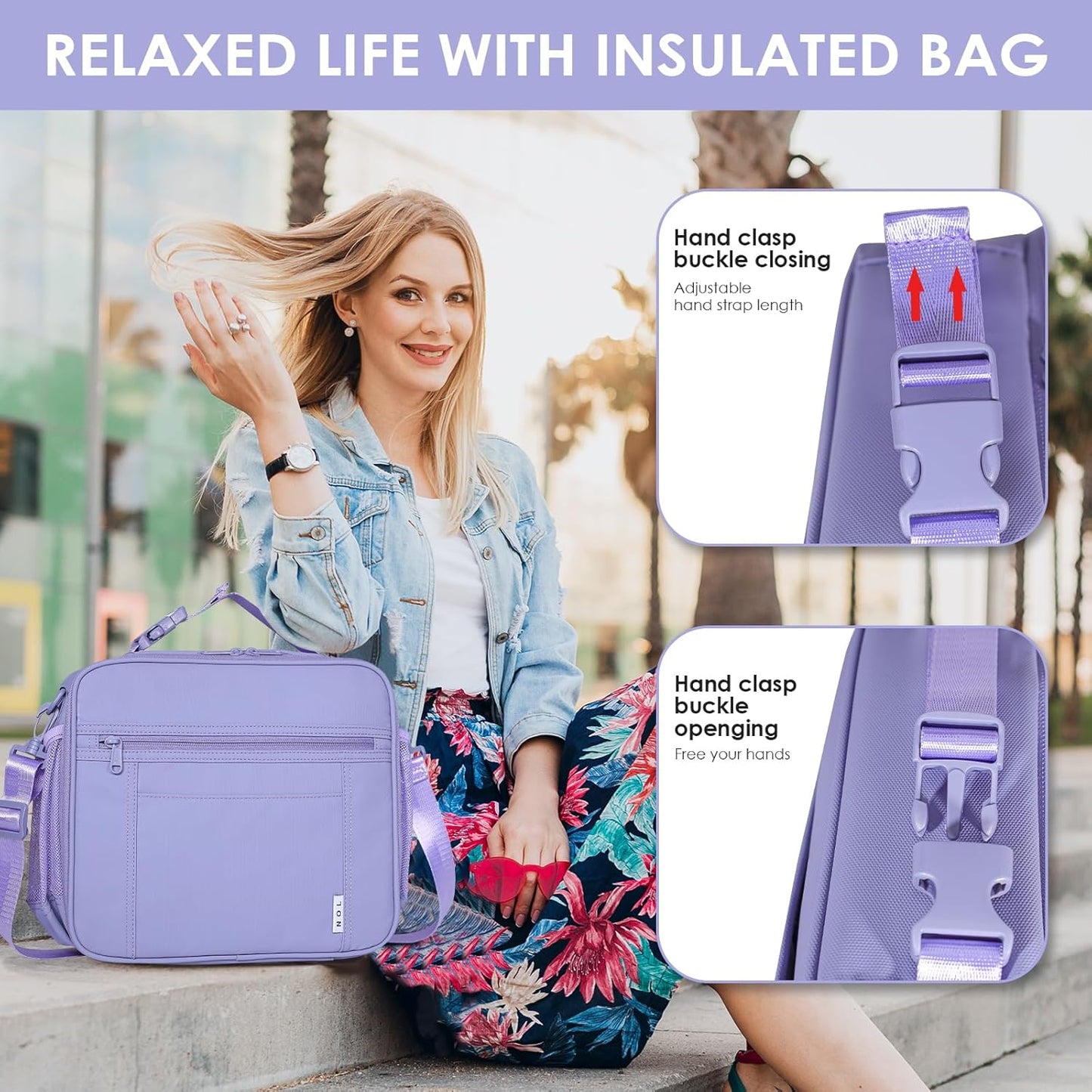 NOL Kids Lunch Bag -Kids 3+ Reusable Insulated Lunch Box with Zipper Closure Buckle Handle Adjustable Long Shoulder Strap, Easy-Clean Waterproof Fabric, Children Lunch Tote Bag for School-Light purple
