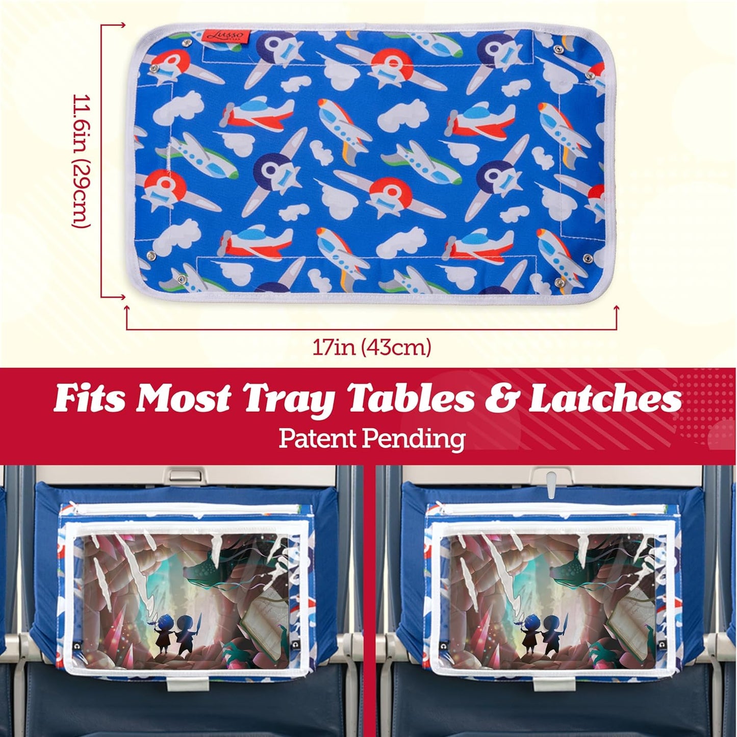 Lusso Gear Airplane Tray Table Cover with Pockets for Toddlers & Kids - Airplanes Pattern - Foldable & Rollable Lap Desk - Toddler Travel Essentials & Plane Activities