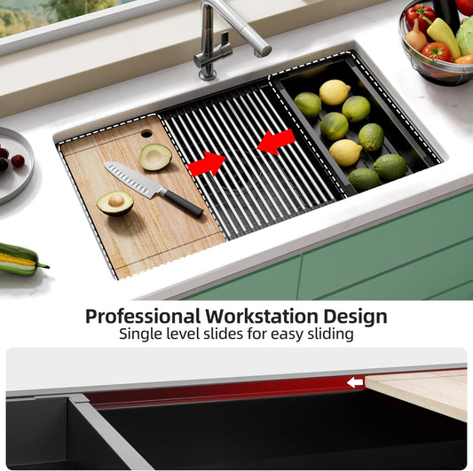 33 Inch Undermount Kitchen Sink Stainless Steel, 33x19 Undermount Workstation Sink Single Bowl Commercial 16 Gauge Stainless Steel Kitchen Black
