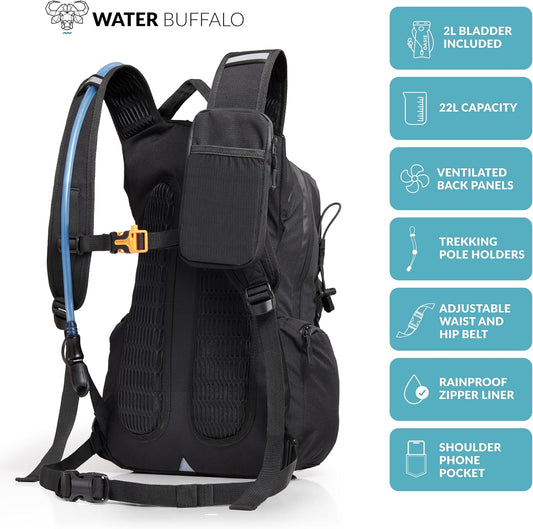 Water Buffalo Hydration Backpack - Sherpa 22L Hiking Backpack with Water Bladder - Water Backpack for Hiking with Waterproof Zippers, Phone & Pole Holders - Roamly