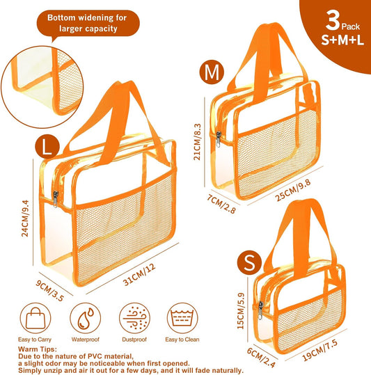 XEWEA Clear Travel Toiletry Bags, 3 Pack TSA Approved Transparent Makeup Bag for Men Women, Large Waterproof PVC Quart Organizer with Zipper for Toiletries Airline Essentials,Toy Storage Pouch Orange - Roamly