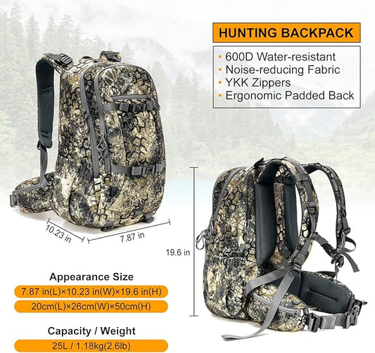 MOXULE Hunting Backpack Waterproof Pack: 25L Hunting Gear with Rain Cover,Hunting Day Pack with Rifle Bow Gun Holder (Camo)