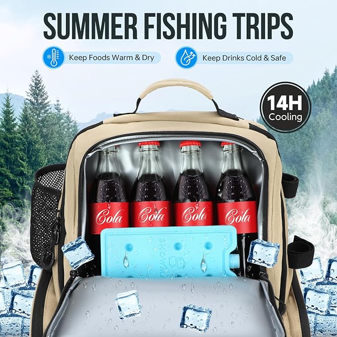 PLUSINNO Cooler Fishing Backpack with Rod Holders 45L Large Water-resistant Fishing Tackle bag Store Fishing Gear Fishing Gifts for Men Father, Sport Bags
