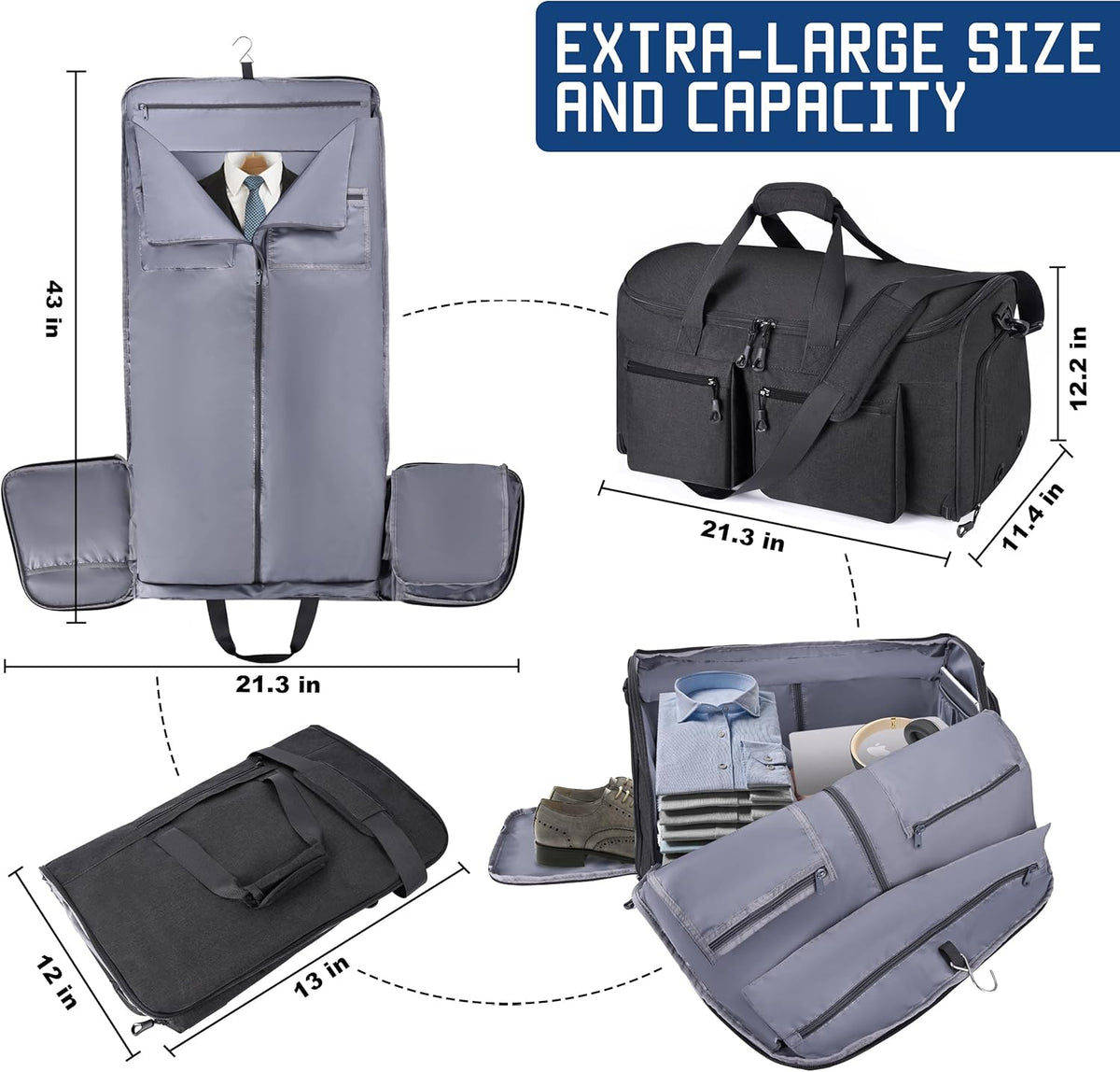 Convertible Duffle Bags for Travel Carry On Suit Duffle Bags with Shoulder Strap 2 in 1 Hanging Garment Duffle Bag for Men Women