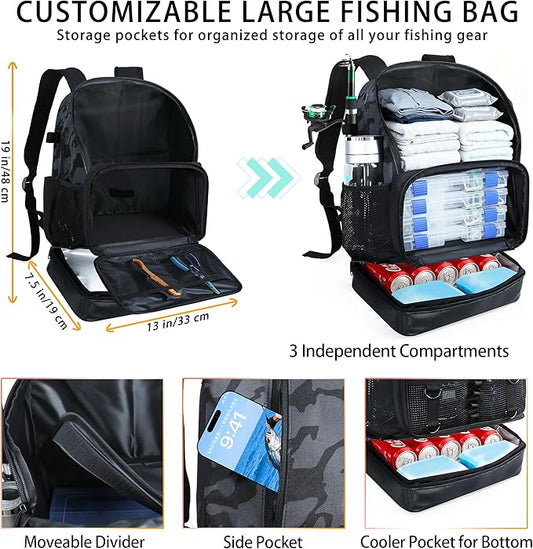 Fishing Backpack with Rod Holder, Heavy Duty Fishing Bag with Waterproof Bottom, Tackle Backpack Gifts for Man Woman-Black Camo