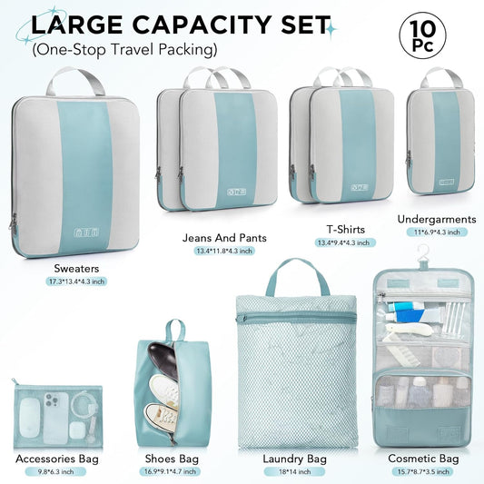 10 Set Compression Packing Cubes for Travel Essentials,Compressible Expandable Packing Cubes for Suitcase,OlarHike Luggage Organizer Bags for Travel,Handy Helper for Organizing Clothes(Blue Gray) - Roamly